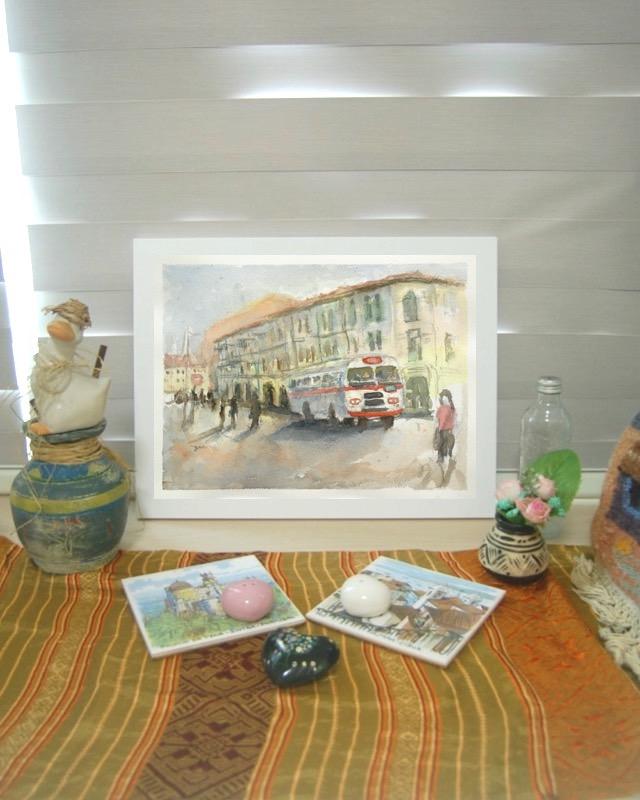 Old Singapore vintage bus original watercolour painting art with dreamy nostalgic street landscape of shophouses in warm impressionist hues