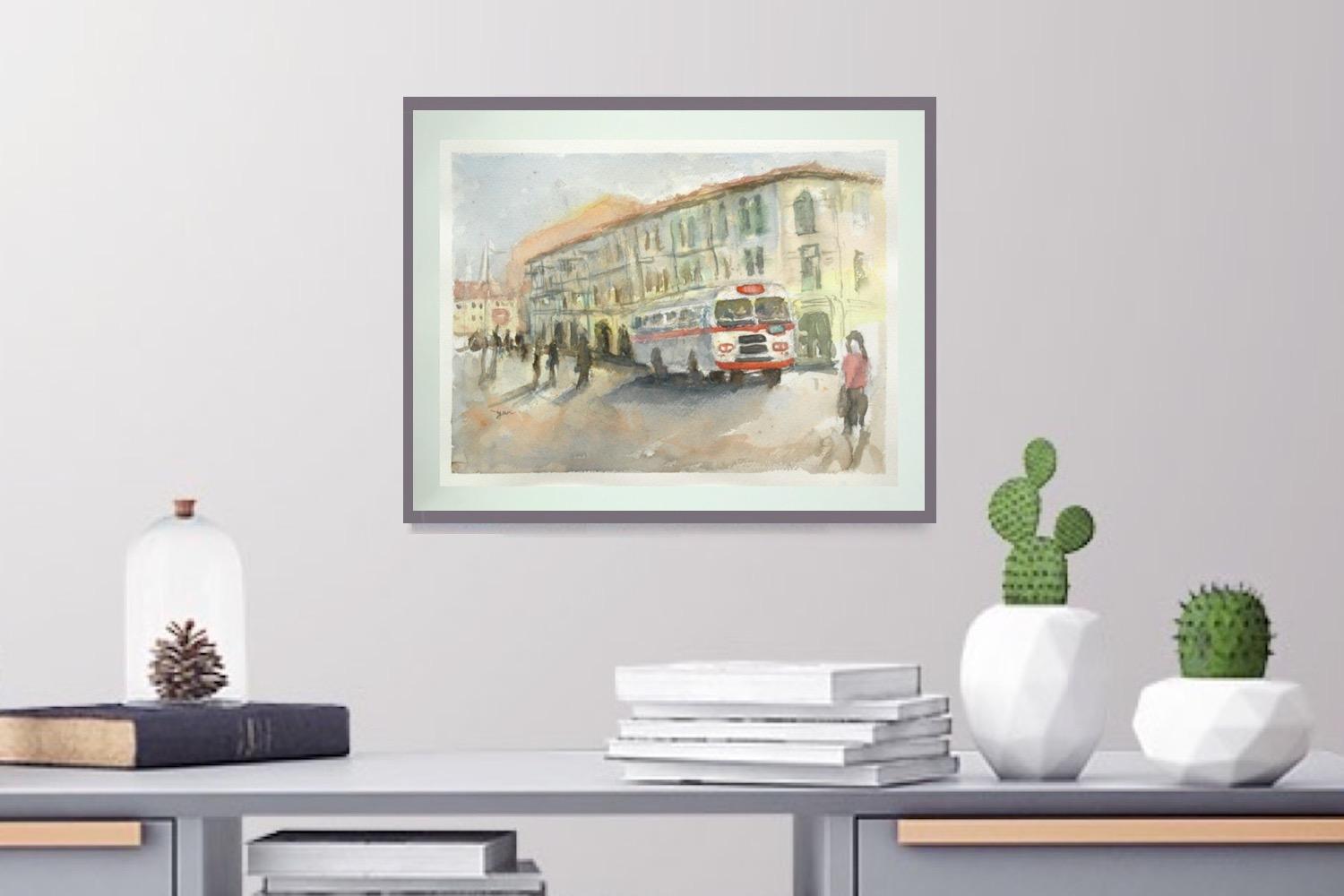 Old Singapore vintage bus original watercolour painting art with dreamy nostalgic street landscape of shophouses in warm impressionist hues