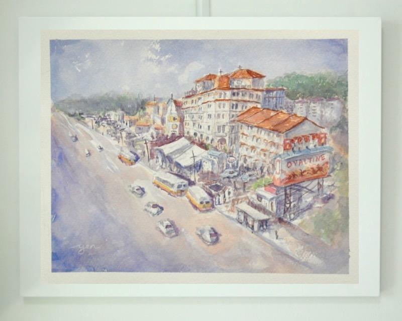 Old Singapore chinatown buildings original watercolour painting art with nostalgic vintage buses in dreamy pastel impressionist hues