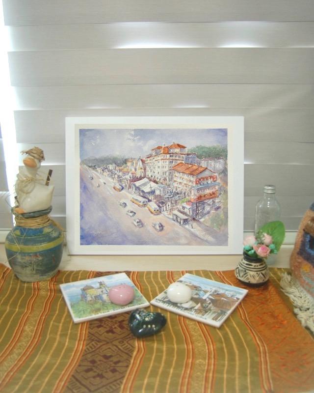 Old Singapore chinatown buildings original watercolour painting art with nostalgic vintage buses in dreamy pastel impressionist hues