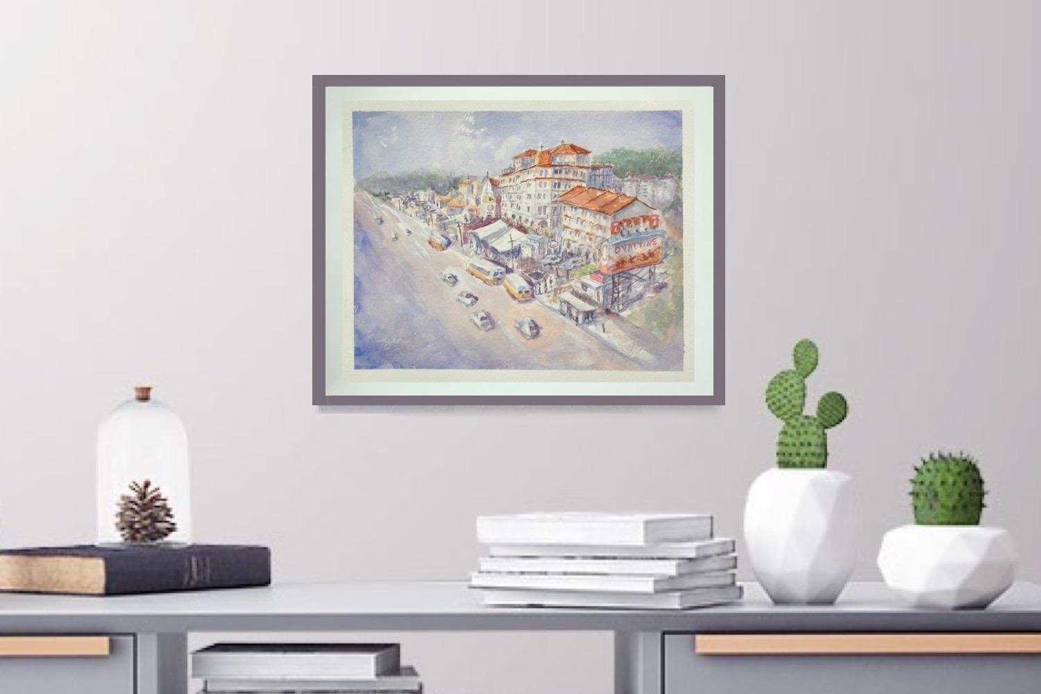 Old Singapore chinatown buildings original watercolour painting art with nostalgic vintage buses in dreamy pastel impressionist hues