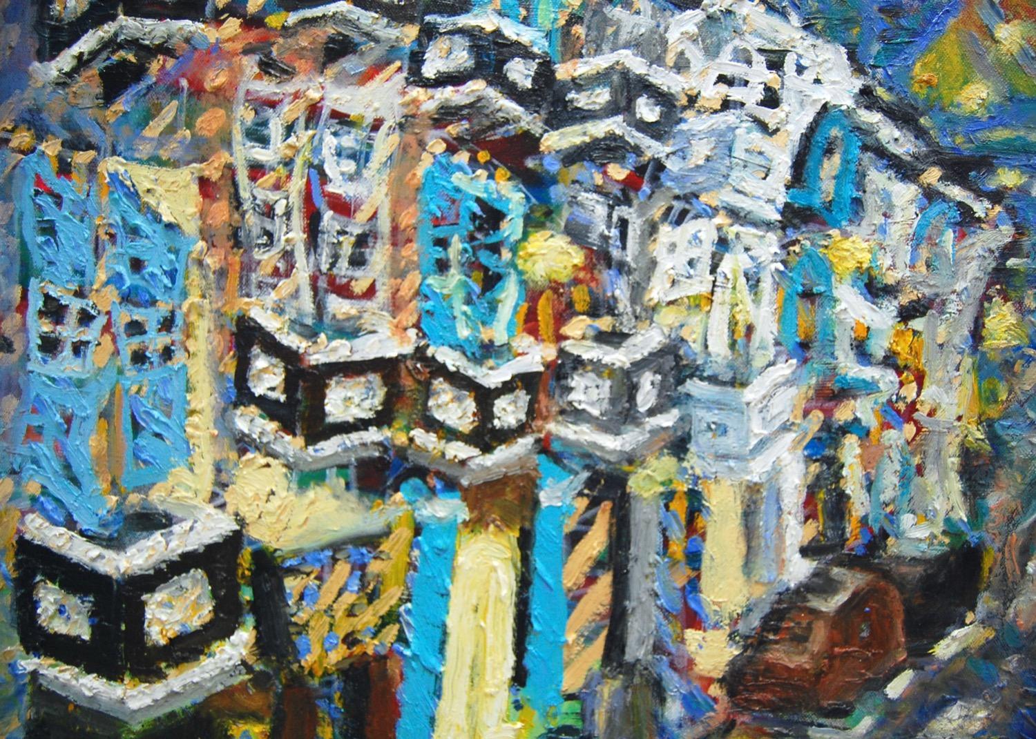 Chinatown Blues - Original Oil Canvas Painting of Singapore City - Impasto Van Gogh Style - Vibrant Heritage Street - Peranakan Shophouses