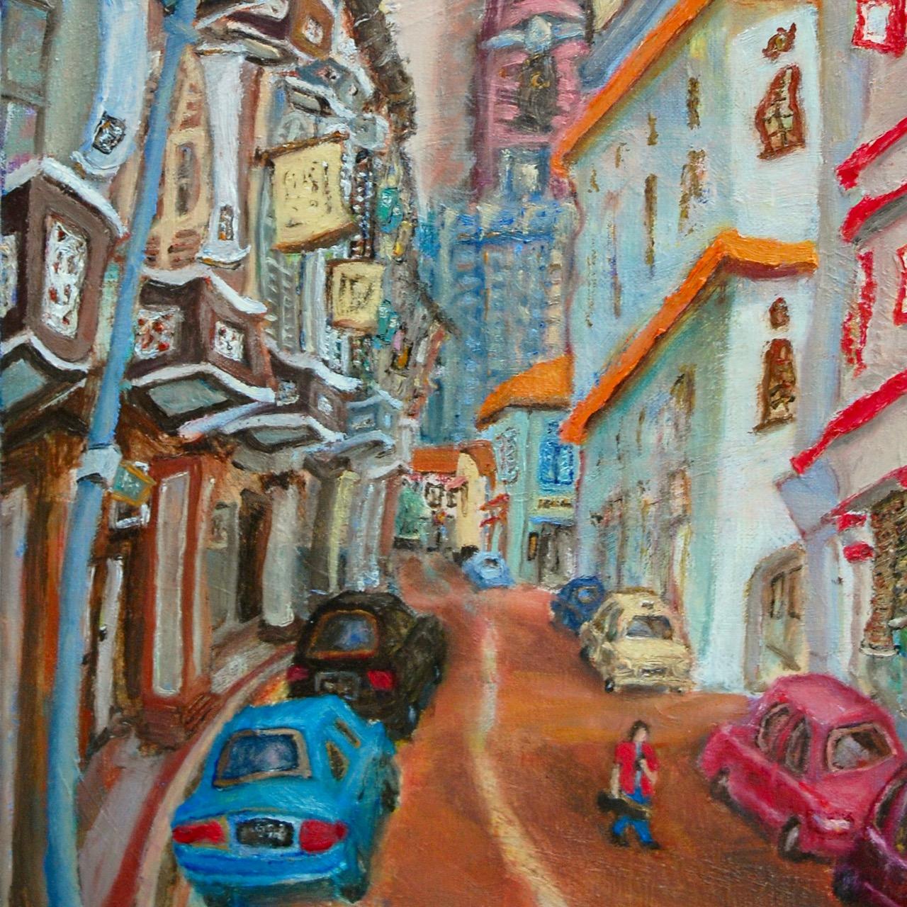 Singapore Chinatown Landscape Oil Painting - Iconic Shophouse Building - Beautiful Street Cityscape Artwork - Original Art For Office Decor