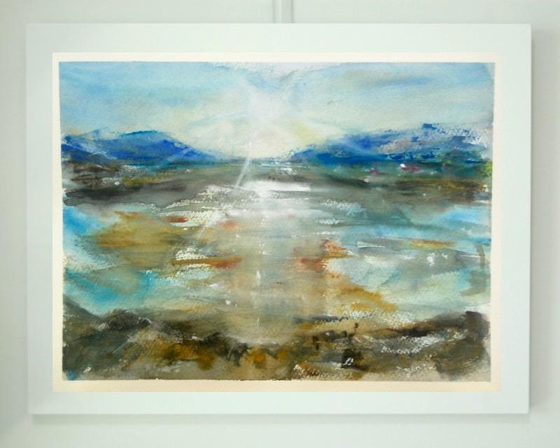 Cold Light - Icelandic sun lake mountains landscape watercolor painting art with water reflections in abstract impressionist blue