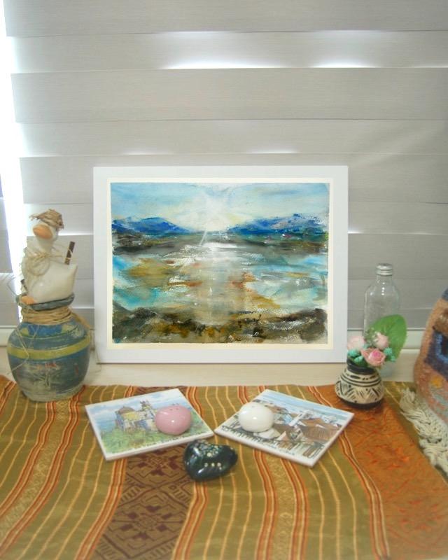 Cold Light - Icelandic sun lake mountains landscape watercolor painting art with water reflections in abstract impressionist blue