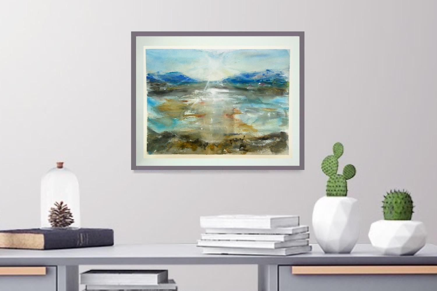 Cold Light - Icelandic sun lake mountains landscape watercolor painting art with water reflections in abstract impressionist blue