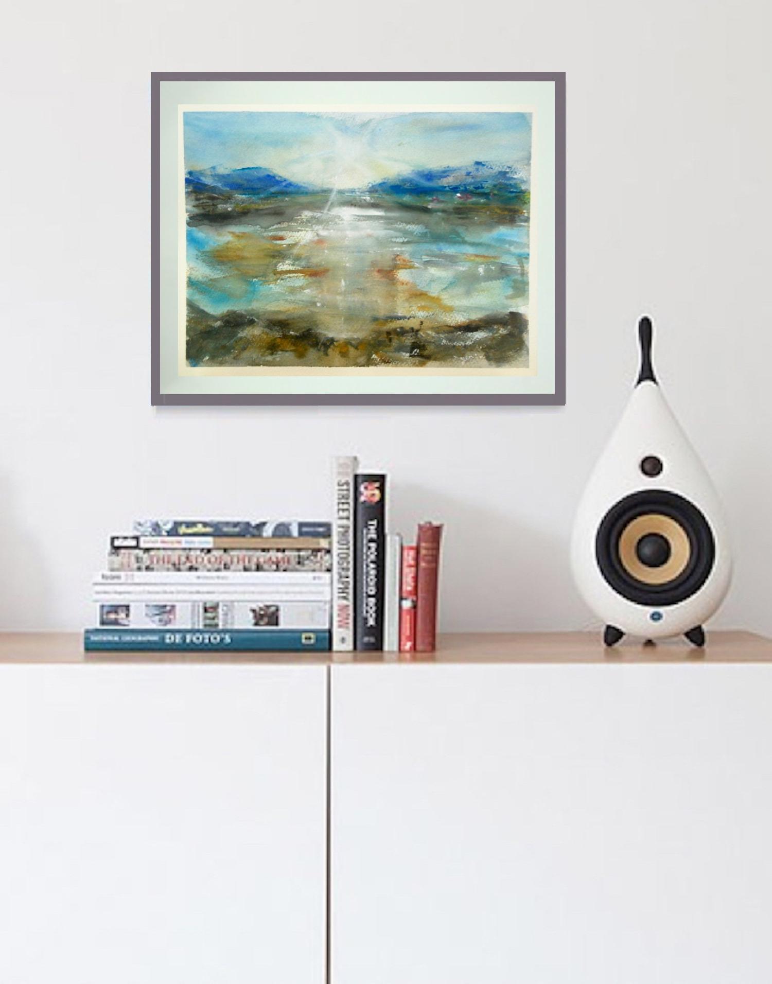 Cold Light - Icelandic sun lake mountains landscape watercolor painting art with water reflections in abstract impressionist blue