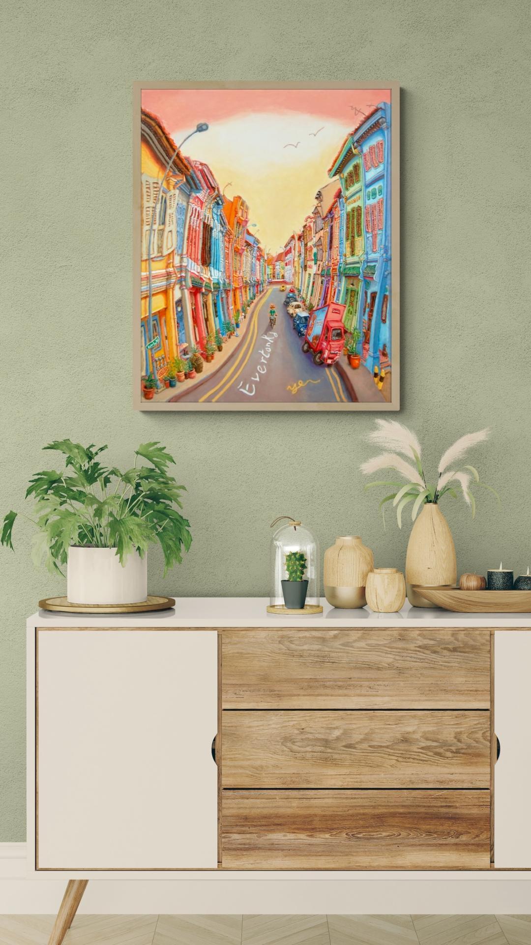Original Singapore Shophouse Oil Painting, Everton Road Peranakan Art, Hand Painted Heritage Street Scene Canvas, Vibrant Asian Wall Art