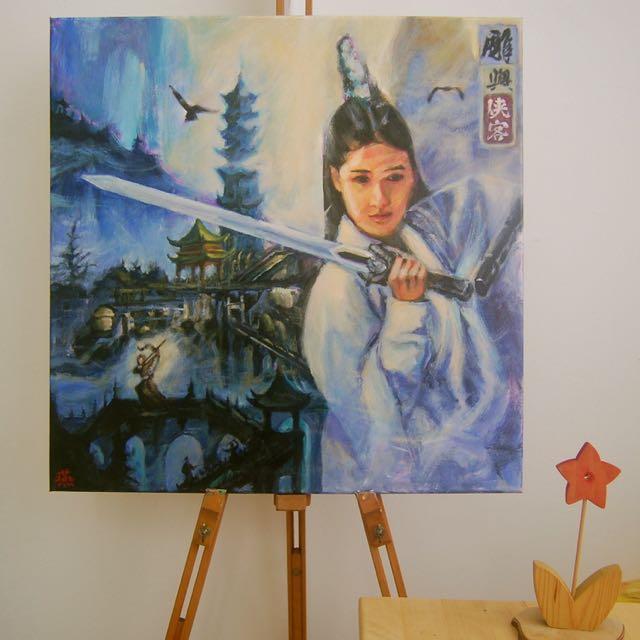 Condor And Heroes -ancient china swordswoman Jin Yong wuxia fantasy painting with pagoda, chinese mountains landscape, condors, archer