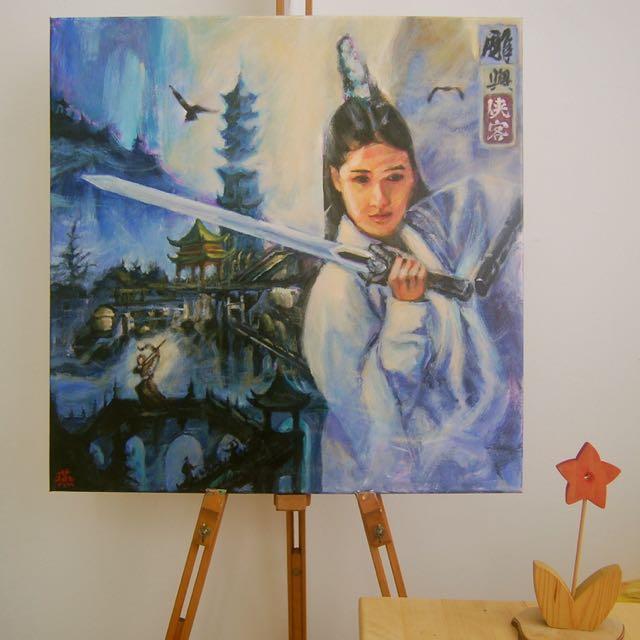 Condor And Heroes -ancient china swordswoman Jin Yong wuxia fantasy painting with pagoda, chinese mountains landscape, condors, archer