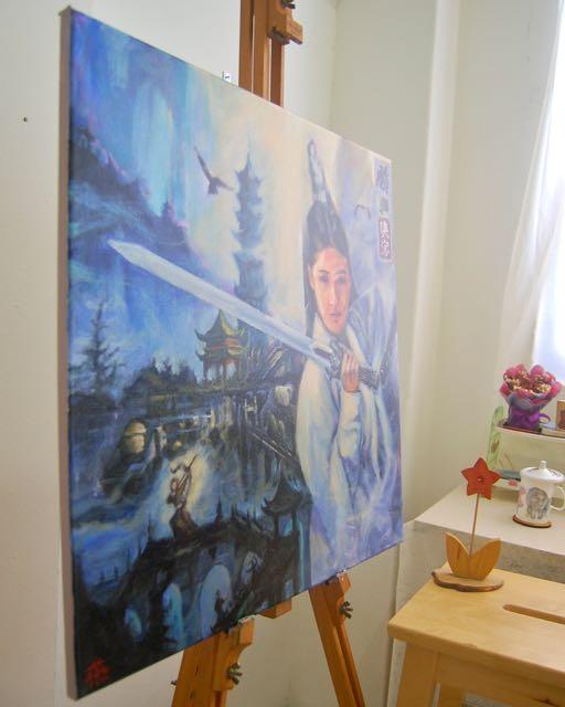 Condor And Heroes -ancient china swordswoman Jin Yong wuxia fantasy painting with pagoda, chinese mountains landscape, condors, archer