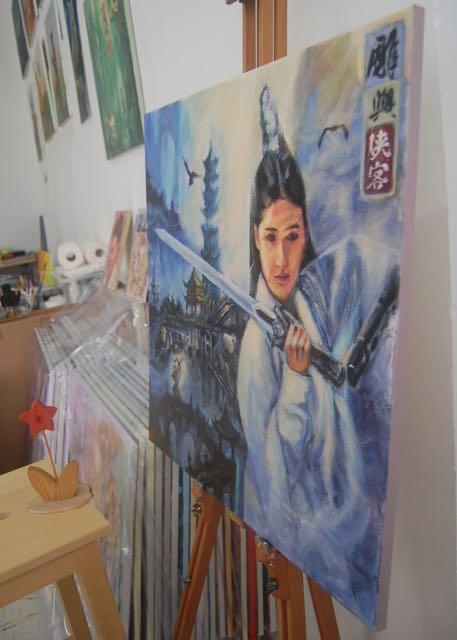 Condor And Heroes -ancient china swordswoman Jin Yong wuxia fantasy painting with pagoda, chinese mountains landscape, condors, archer