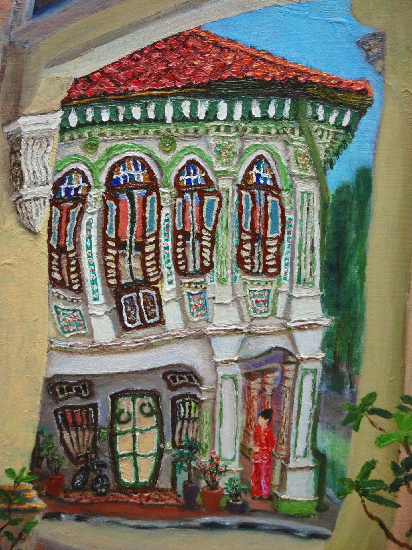 Beautiful Impressionist Shophouse Corridor Oil Painting - Singapore City Heritage Surreal Landscape Artwork - Peranakan Lady In Red With Cat