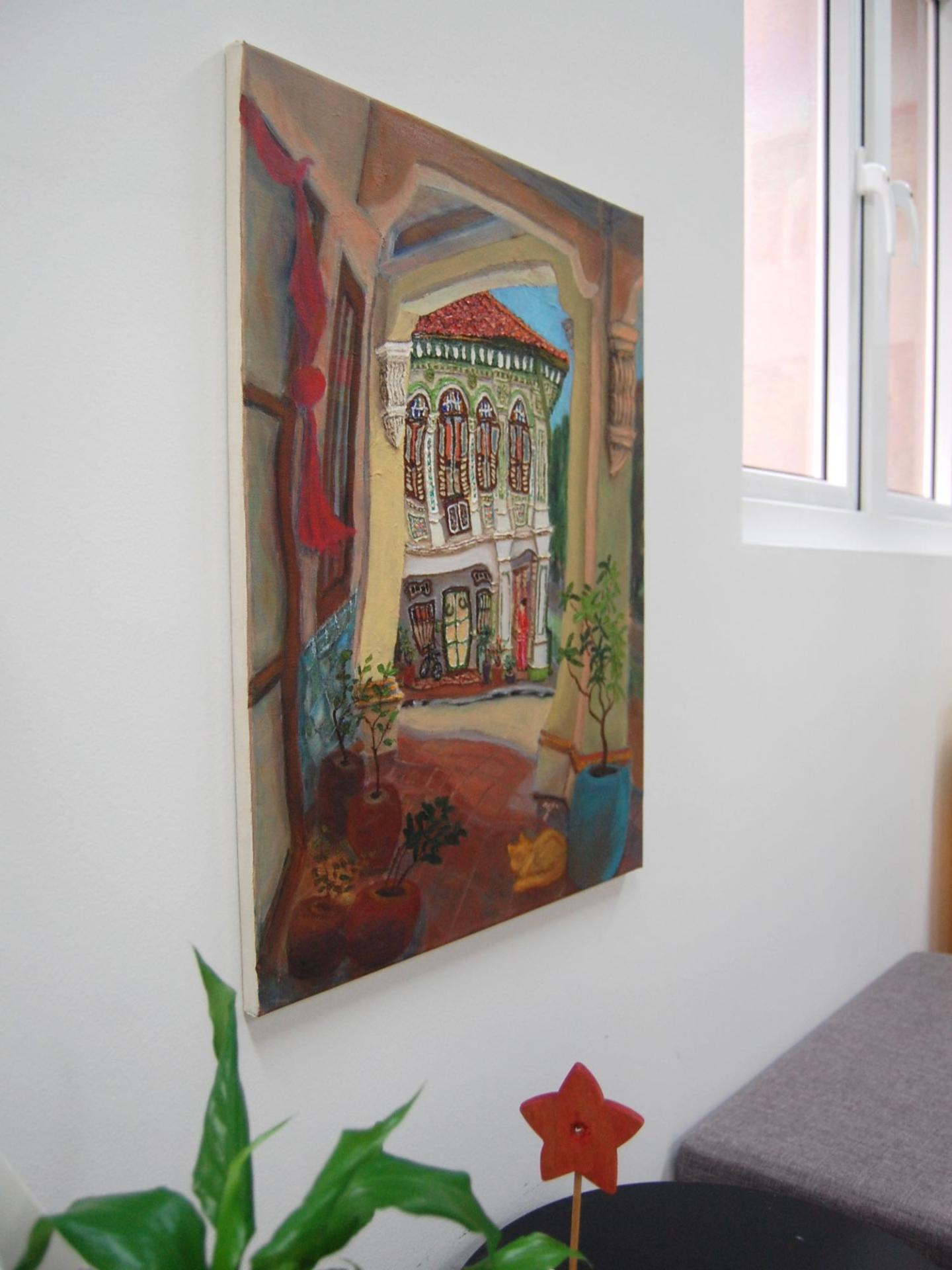Beautiful Impressionist Shophouse Corridor Oil Painting - Singapore City Heritage Surreal Landscape Artwork - Peranakan Lady In Red With Cat