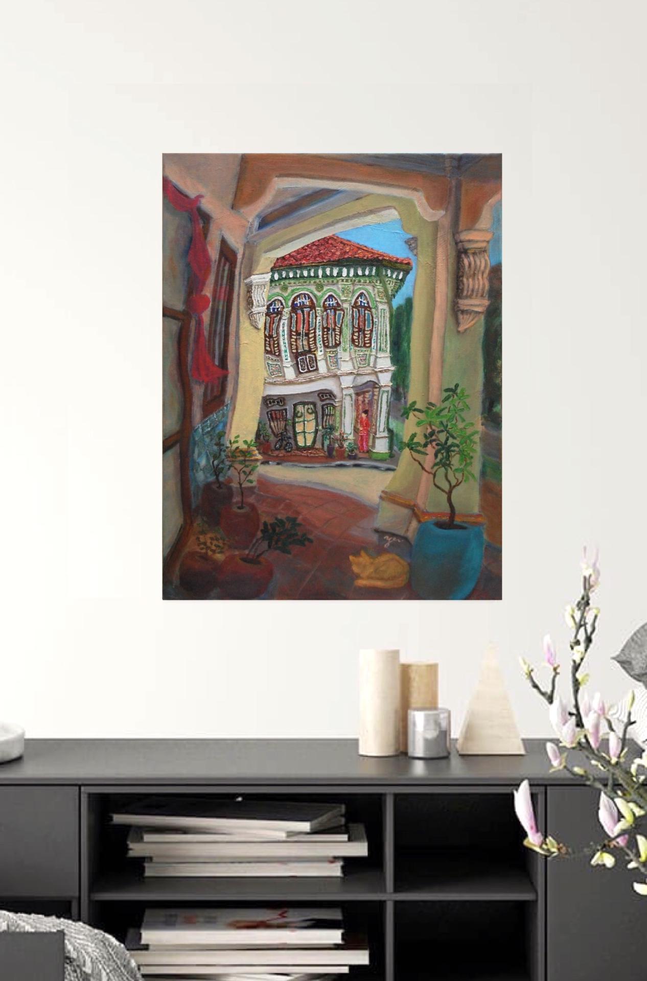 Beautiful Impressionist Shophouse Corridor Oil Painting - Singapore City Heritage Surreal Landscape Artwork - Peranakan Lady In Red With Cat 
