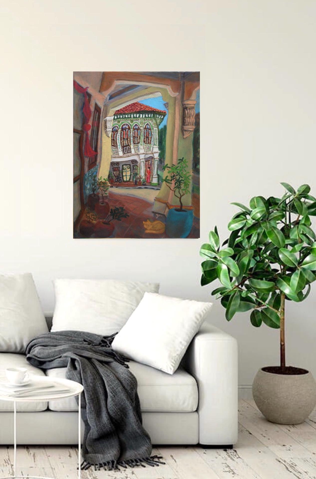 Beautiful Impressionist Shophouse Corridor Oil Painting - Singapore City Heritage Surreal Landscape Artwork - Peranakan Lady In Red With Cat