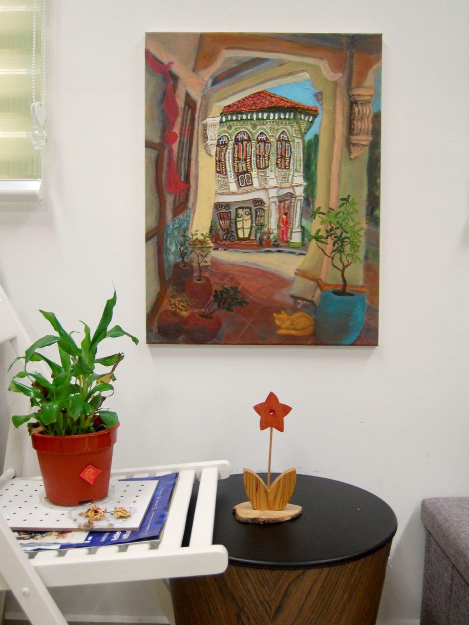 Beautiful Impressionist Shophouse Corridor Oil Painting - Singapore City Heritage Surreal Landscape Artwork - Peranakan Lady In Red With Cat