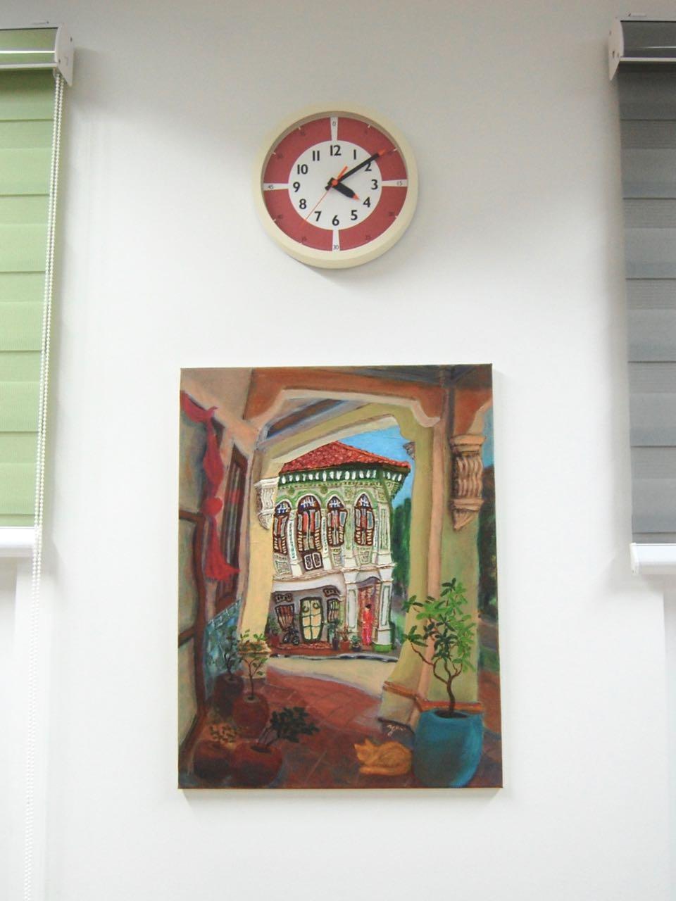 Beautiful Impressionist Shophouse Corridor Oil Painting - Singapore City Heritage Surreal Landscape Artwork - Peranakan Lady In Red With Cat