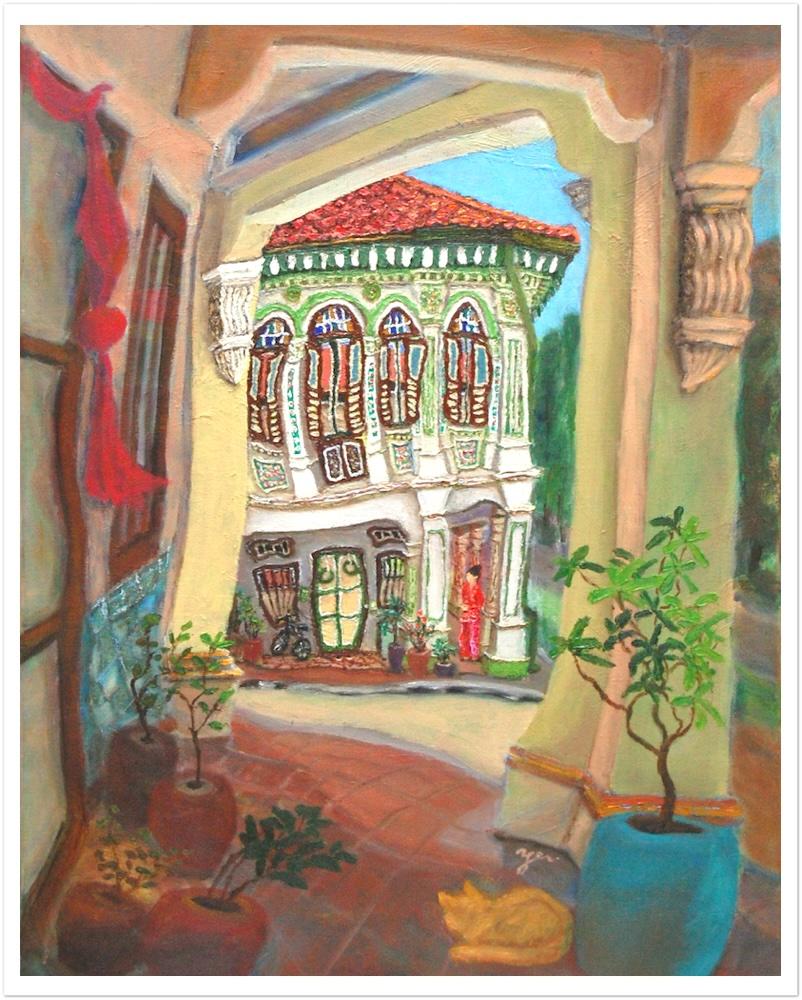 Singapore Art Print of Joo Chiat Shophouse Corridor Whimsical Painting, Asia Travel Poster Gift with Peranakan Lady and Sleeping Cat