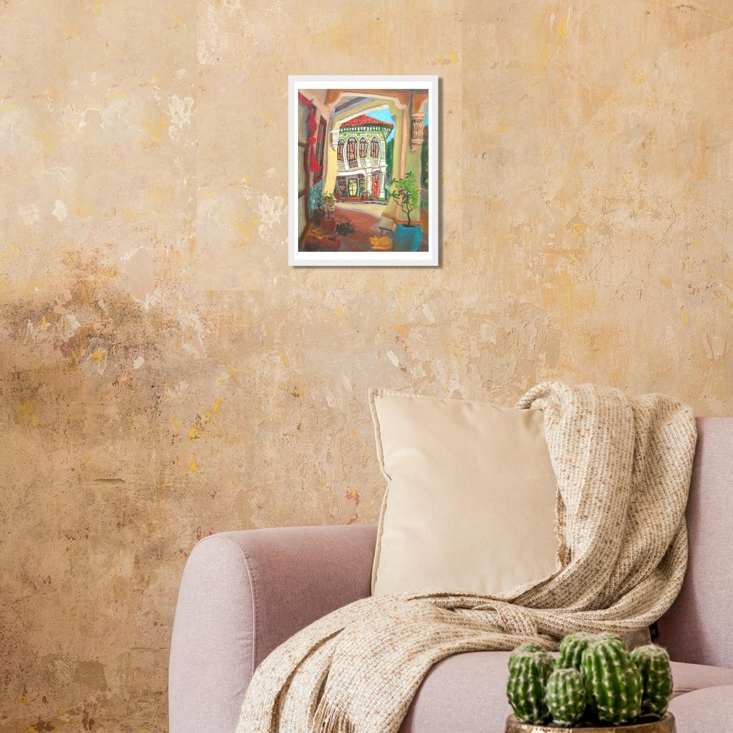 Singapore Art Print of Koon Seng Road Shophouse Art Painting, Asia Travel Poster Gift with Peranakan Lady and Sleeping Cat