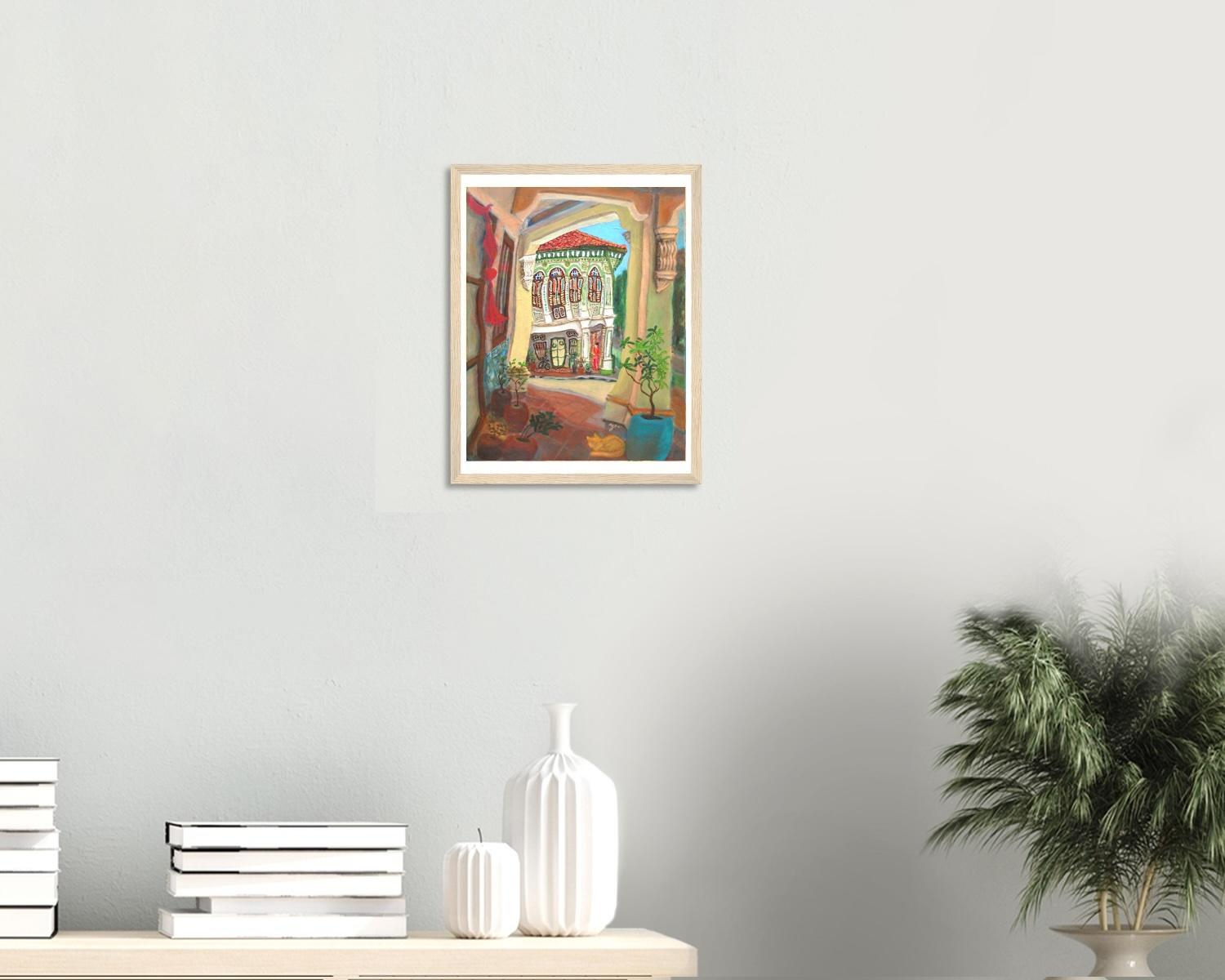 Singapore Art Print of Joo Chiat Shophouse Corridor Whimsical Painting, Asia Travel Poster Gift with Peranakan Lady and Sleeping Cat