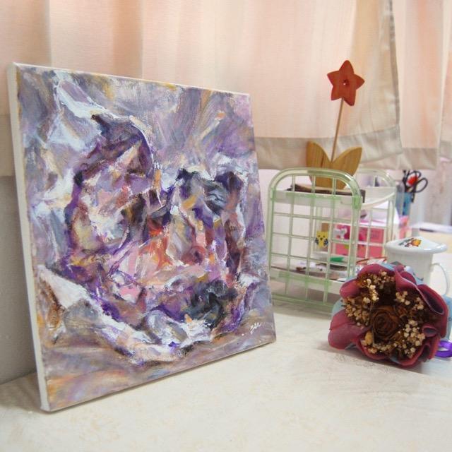 Crumpled Paper Abstract Still Life Painting Fine Art, an original impressionist pastel artwork, acrylic on canvas with lady's face and a dog