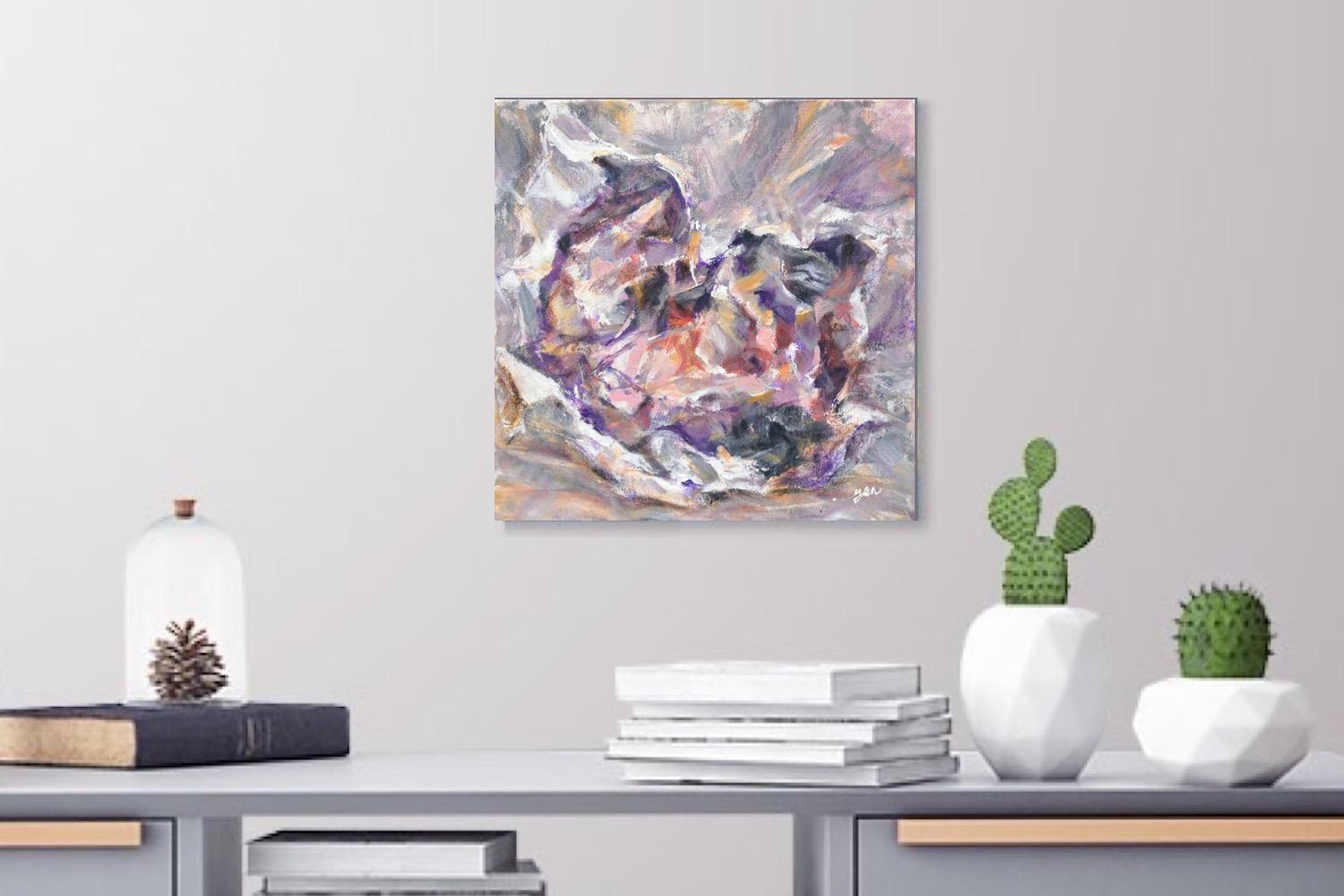 Crumpled Paper Abstract Still Life Painting Fine Art, an original impressionist pastel artwork, acrylic on canvas with lady's face and a dog