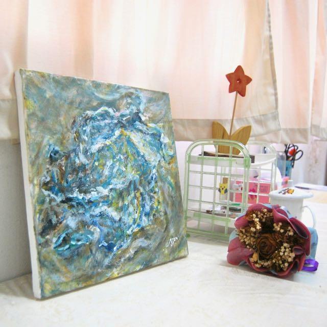 Crumpled Paper Abstract Still Life Painting Fine Art, an original impressionist blue golden artwork, acrylic on canvas, like swirling seashell