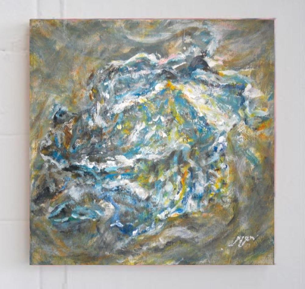 Crumpled Paper Abstract Still Life Painting Fine Art, an original impressionist blue golden artwork, acrylic on canvas, like swirling seashell