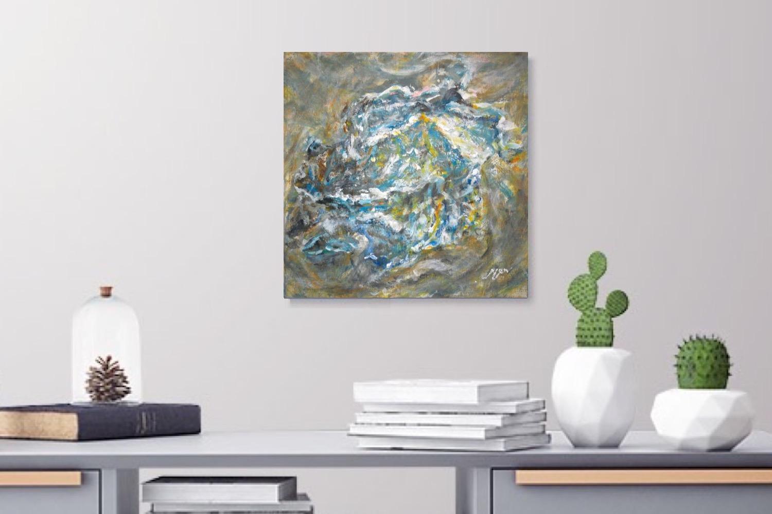 Crumpled Paper Abstract Still Life Painting Fine Art, an original impressionist blue golden artwork, acrylic on canvas, like swirling seashell