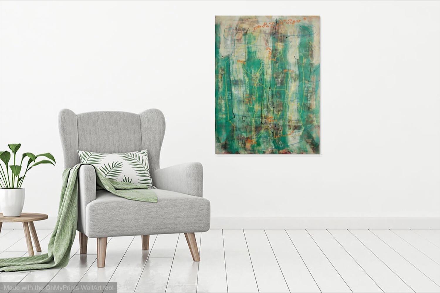 Whimsical Green Cityscape Painting - Abstract Buildings Artwork - Original Fine Art Mood - Modern Contemporary Home Office Decor - Urban Art