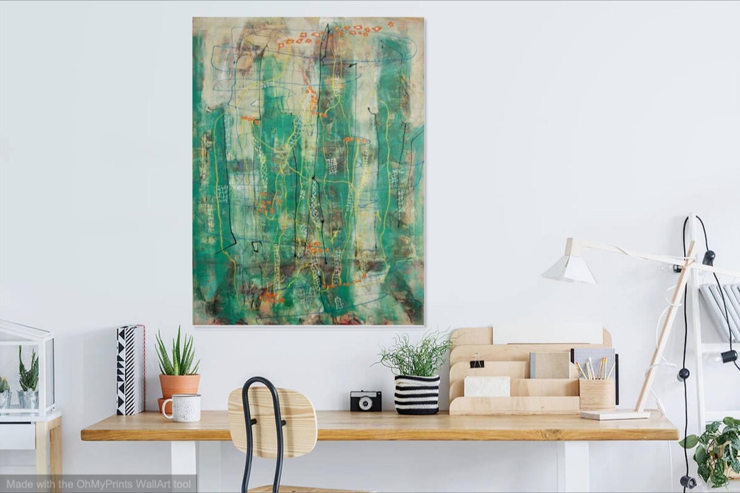 Abstract city buildings original painting in whimsical green shapes, a mixed media fine art mood artwork with atmospheric layers and collage