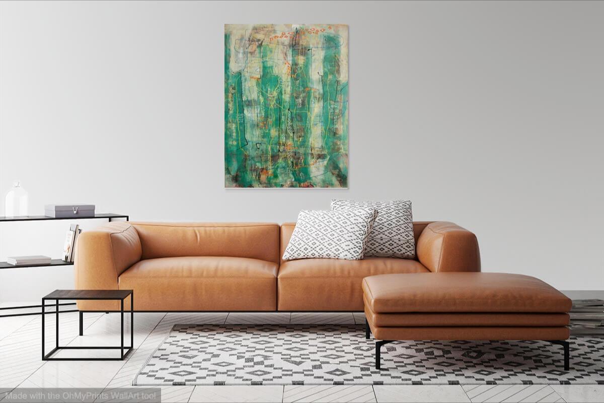 Whimsical Green Cityscape Painting - Abstract Buildings Artwork - Original Fine Art Mood - Modern Contemporary Home Office Decor - Urban Art