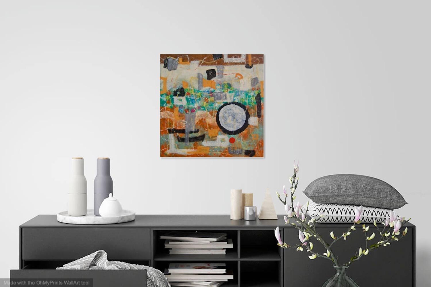 Deep Thoughts zen figures landscape abstract painting oil art with zen circles, warm earthy patterns orange decor with rich impasto textures