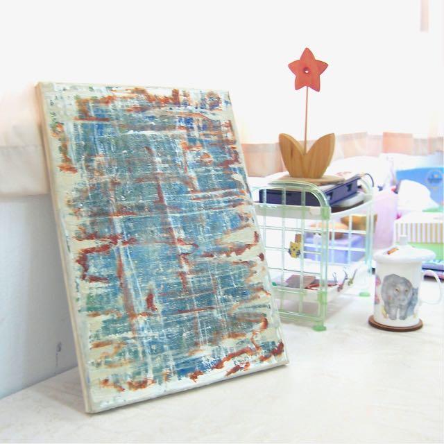 Denim - cool jeans like abstract original art painting, modern acrylic artwork on canvas, with starry skies through tattered blinds