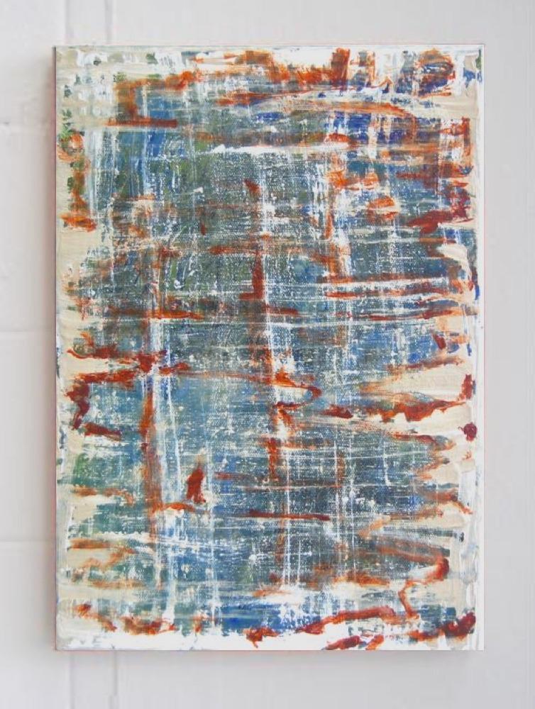 Denim - cool jeans like abstract original art painting, modern acrylic artwork on canvas, with starry skies through tattered blinds 