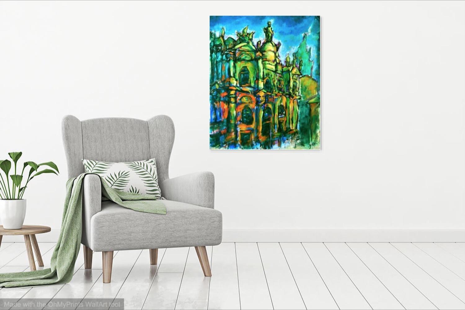 Destined -Spain Camino Oil Painting of Santiago de Compostela Cathedral, Way of St James original church art in Cezanne impressionist style