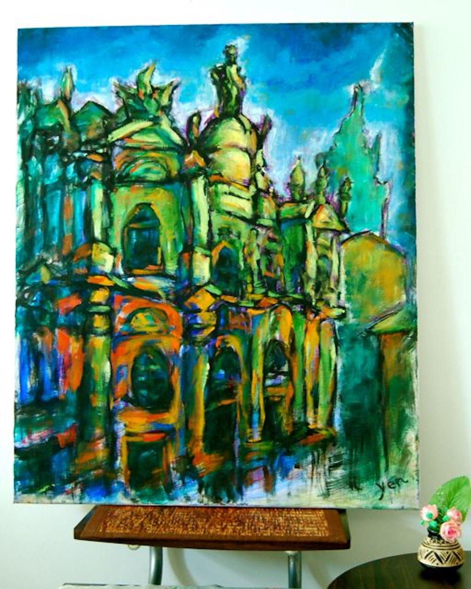 Destined -Spain Camino Oil Painting of Santiago de Compostela Cathedral, Way of St James original church art in Cezanne impressionist style