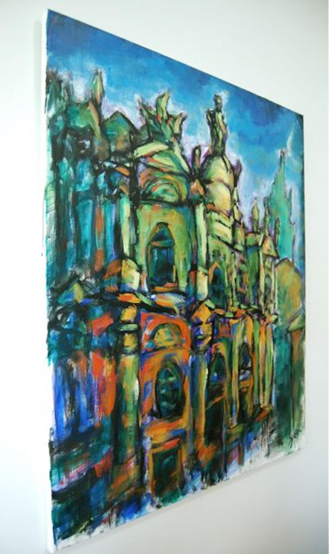 Destined -Spain Camino Oil Painting of Santiago de Compostela Cathedral, Way of St James original church art in Cezanne impressionist style