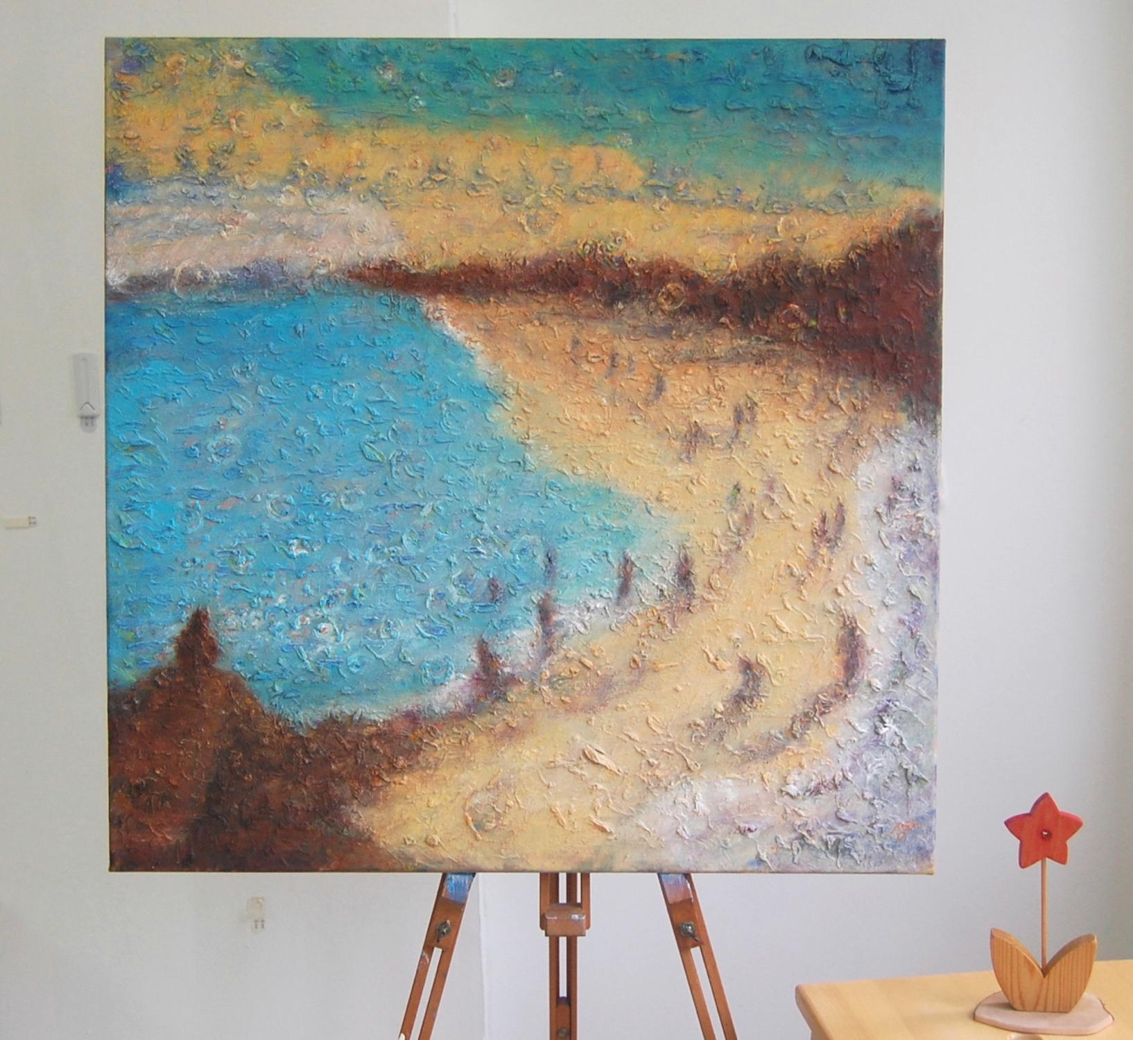 East Coast Dreams, abstract seascape original oil painting wall art of Singapore beach seaside with impasto textures in blue yellow colours