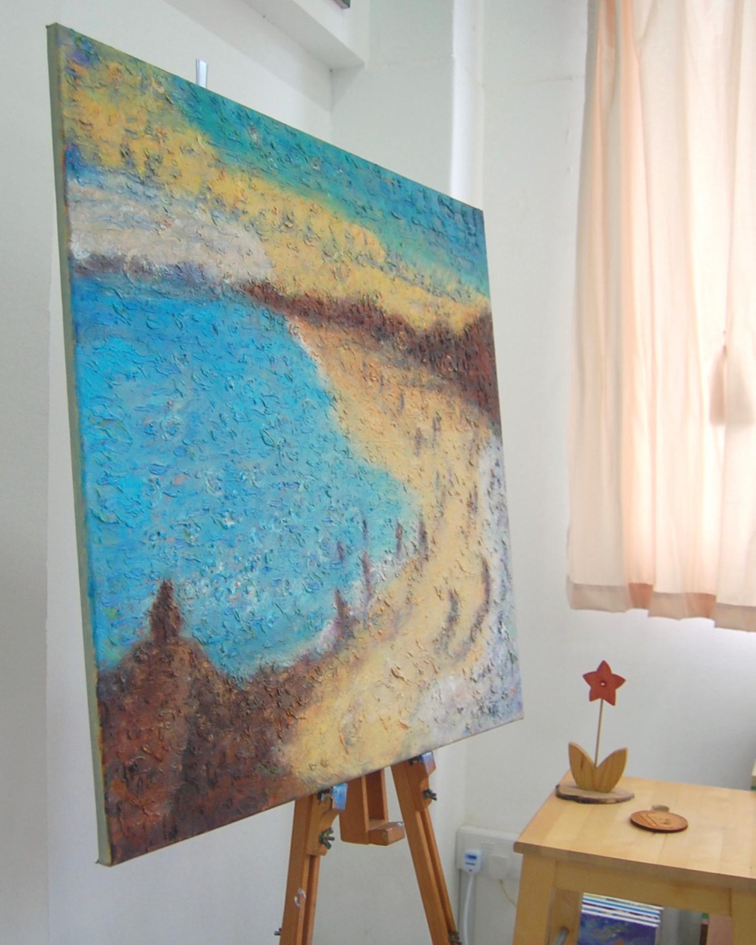 East Coast Dreams, abstract seascape original oil painting wall art of Singapore beach seaside with impasto textures in blue yellow colours