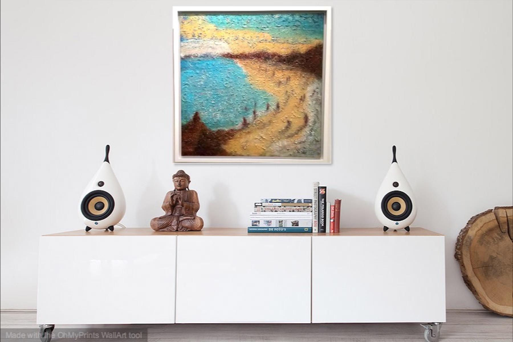 East Coast Dreams, abstract seascape original oil painting wall art of Singapore beach seaside with impasto textures in blue yellow colours