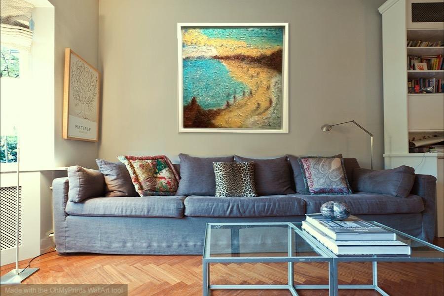 East Coast Dreams, abstract seascape original oil painting wall art of Singapore beach seaside with impasto textures in blue yellow colours