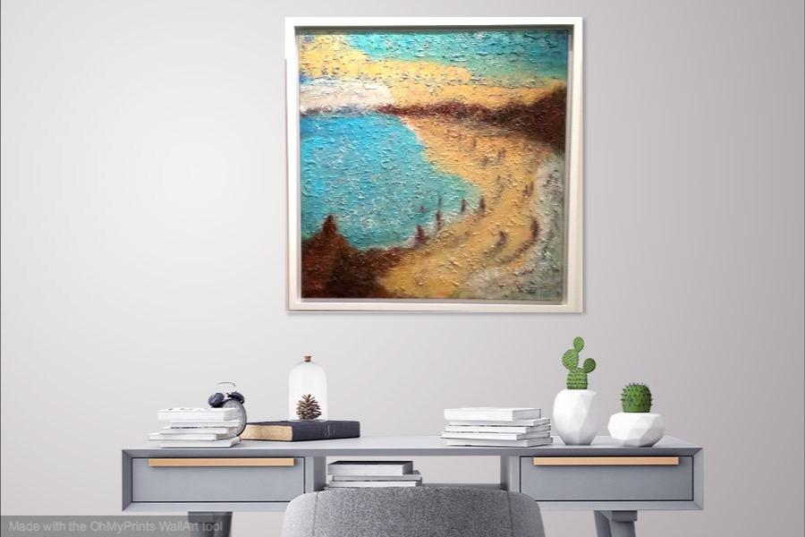 East Coast Dreams, abstract seascape original oil painting wall art of Singapore beach seaside with impasto textures in blue yellow colours