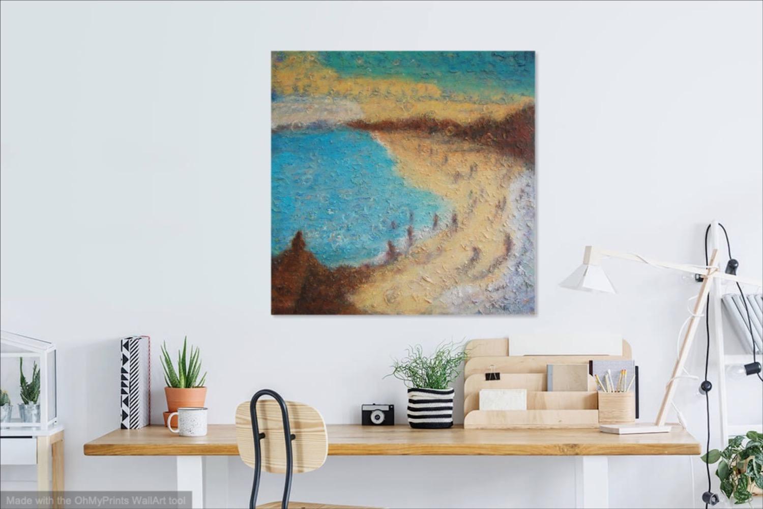 East Coast Dreams, abstract seascape original oil painting wall art of Singapore beach seaside with impasto textures in blue yellow colours