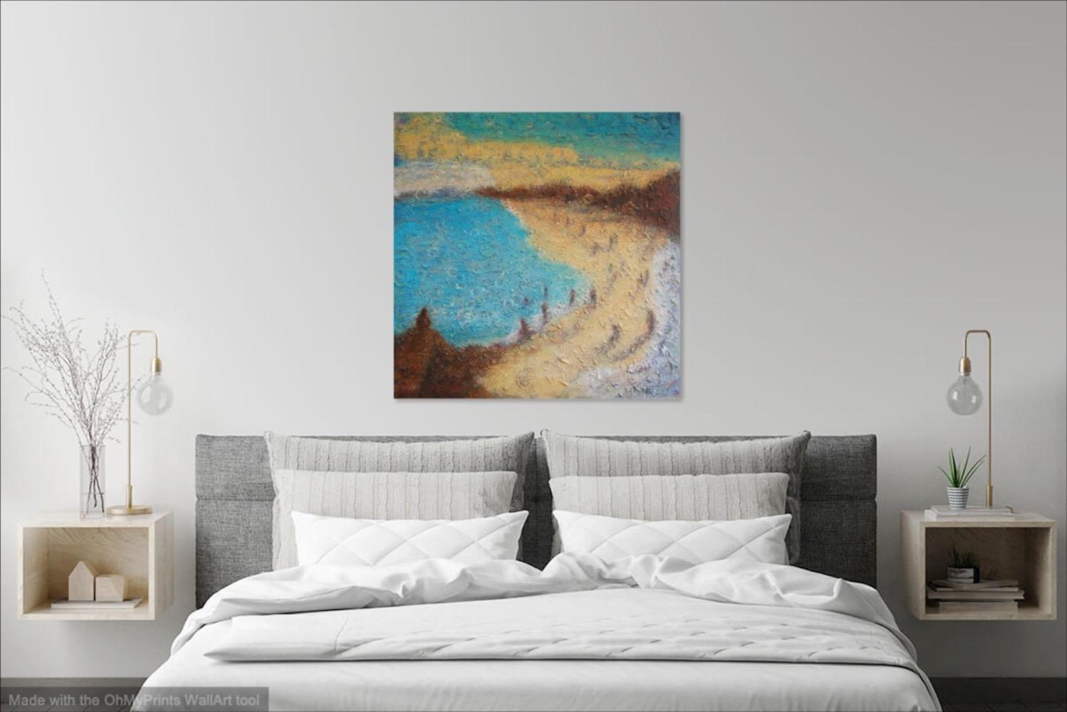 East Coast Dreams, abstract seascape original oil painting wall art of Singapore beach seaside with impasto textures in blue yellow colours