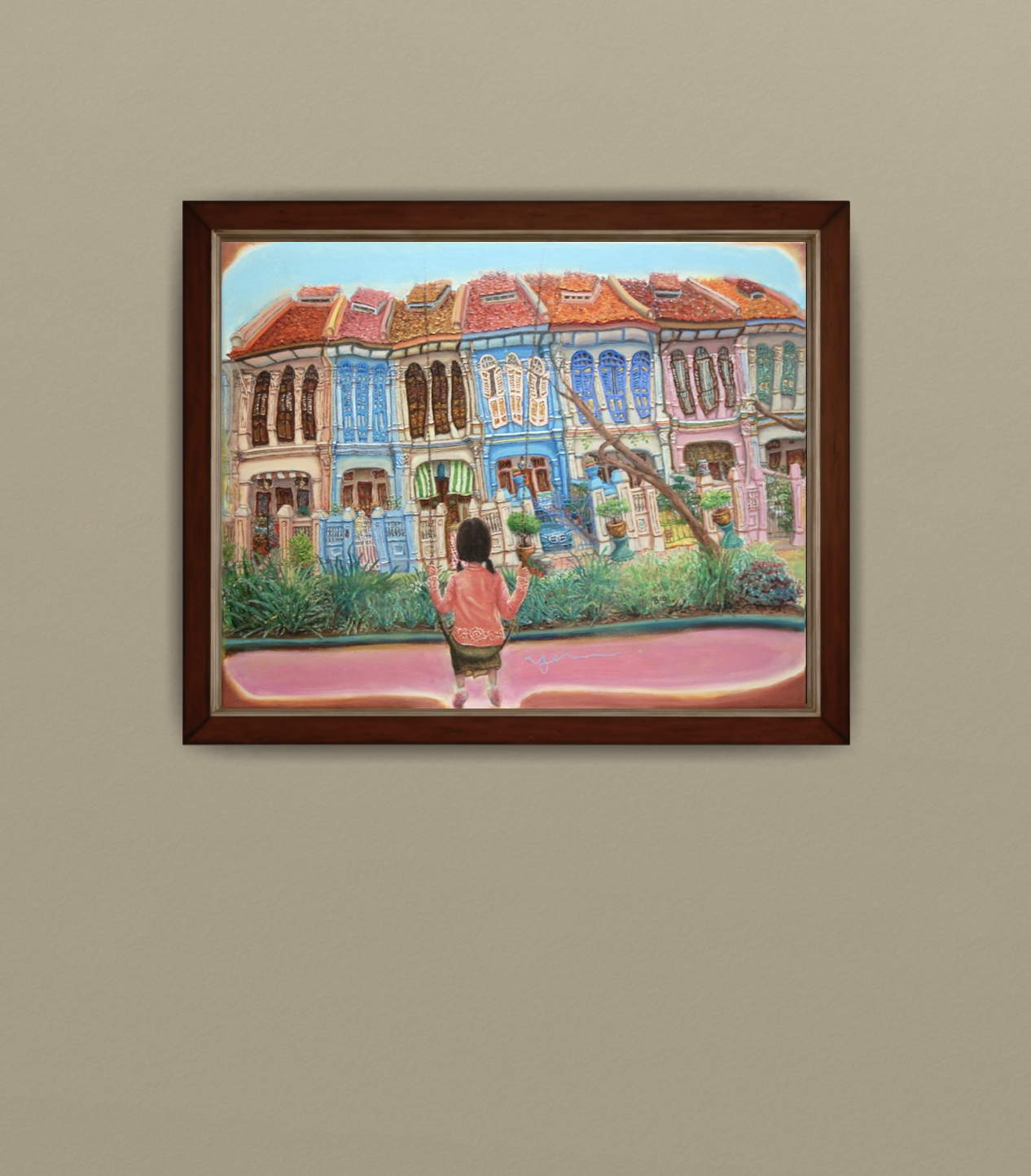 Emerald Hill Shophouses Oil Painting: Singapore Peranakan Heritage Street at Orchard Road with Little Nonya Girl on Swing