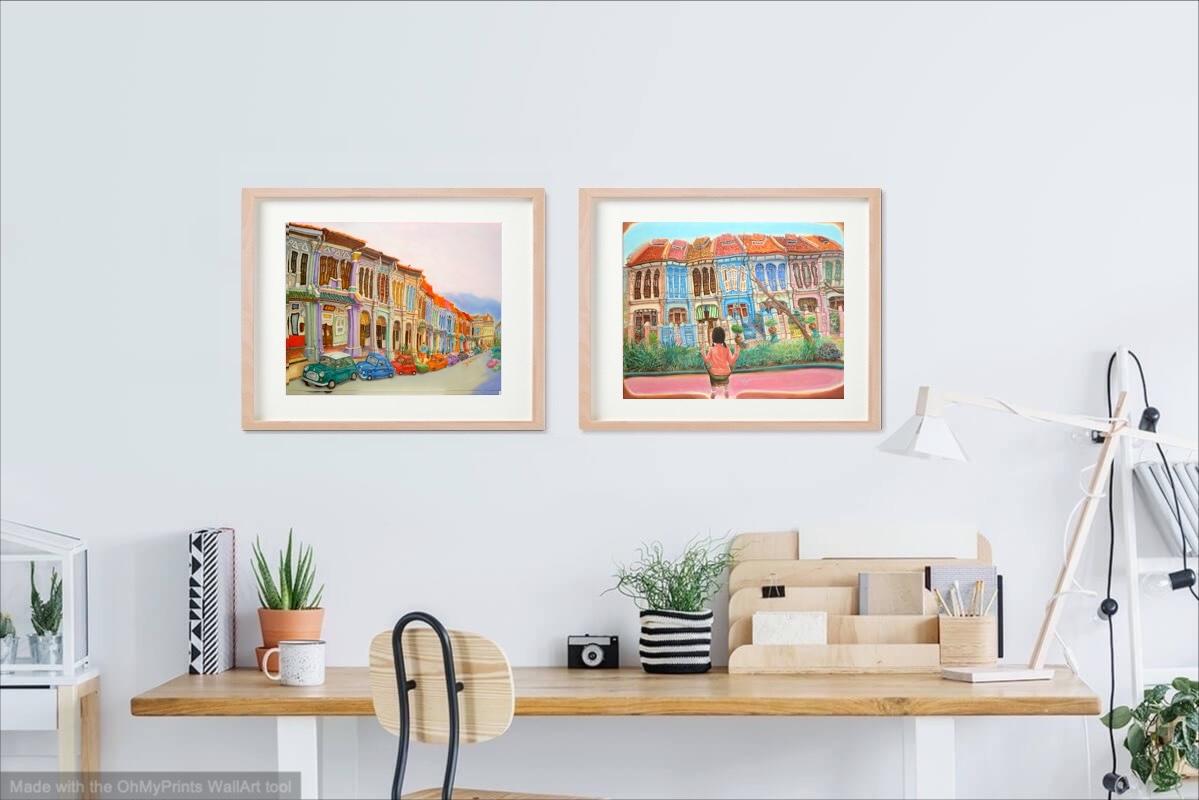 Singapore Signed Art Print of Emerald Hill Peranakan Shophouse Painting with Nonya Girl on Swing, Whimsical Heritage Asia Travel Poster