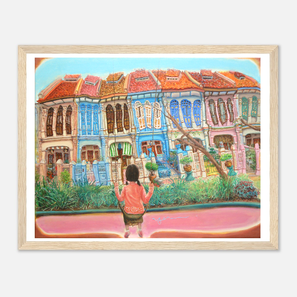 Singapore Signed Art Print of Emerald Hill Peranakan Shophouse Painting with Nonya Girl on Swing, Whimsical Heritage Asia Travel Poster