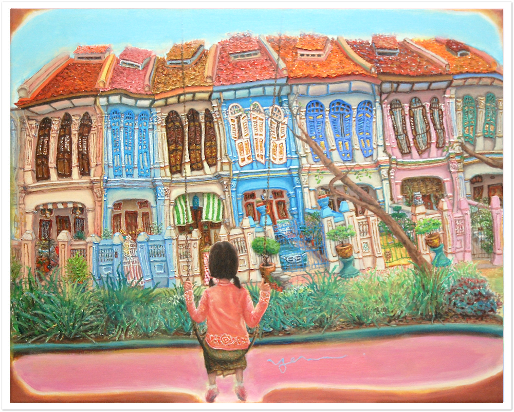 Singapore Signed Art Print of Emerald Hill Peranakan Shophouse Painting with Nonya Girl on Swing, Whimsical Heritage Asia Travel Poster